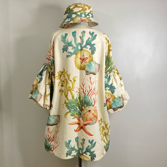 EXQUISITE CORAL SEA DRESS WITH PUFF SLEEVES & MATCHING BUCKET HAT LINEN/COTTON - Picture 9 of 14